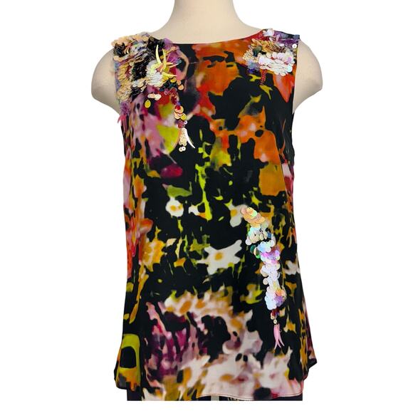 Kobi Halperin Embellished Silk Blouse Top Floral Black Sleeveless Size Large - Picture 1 of 12